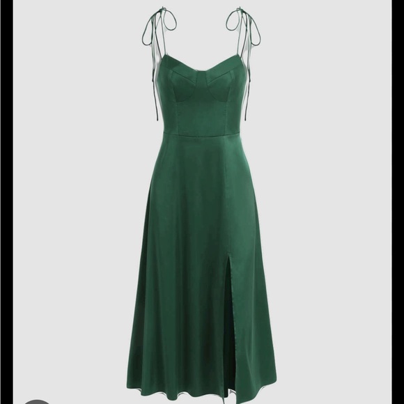 Green Solid Satin Corset Slit Dress - Picture 1 of 4